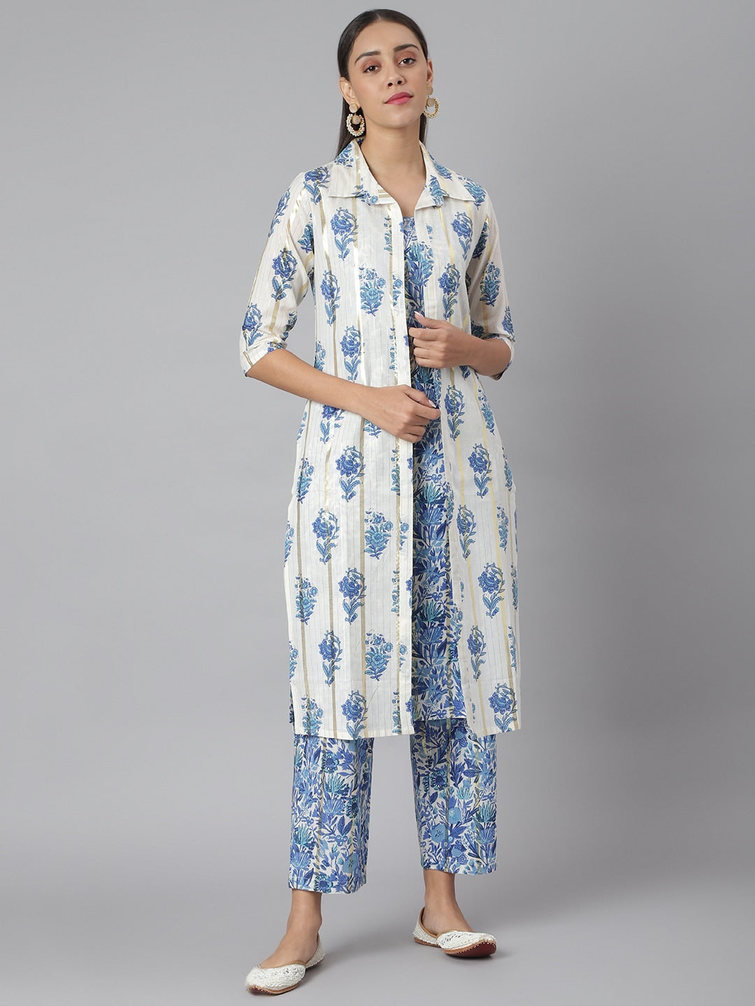 Khushal K Women Blue & White Printed Kurta with Palazzos & Jacket - Distacart