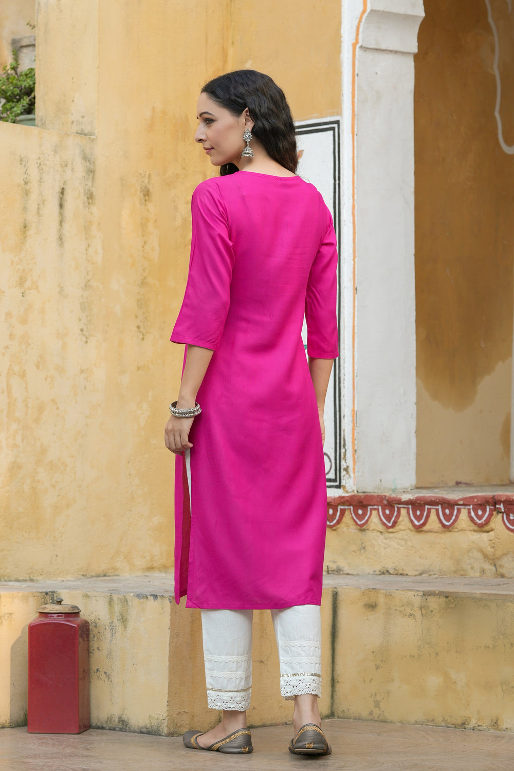 Juniper Fuchsia Rayon Festive Wear Embroidered Straight Kurta - Distacart