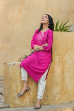 Thumbnail for Juniper Fuchsia Rayon Festive Wear Embroidered Straight Kurta - Distacart