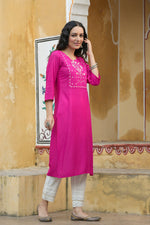 Thumbnail for Juniper Fuchsia Rayon Festive Wear Embroidered Straight Kurta - Distacart