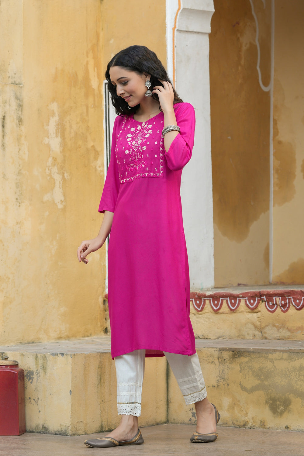 Juniper Fuchsia Rayon Festive Wear Embroidered Straight Kurta - Distacart