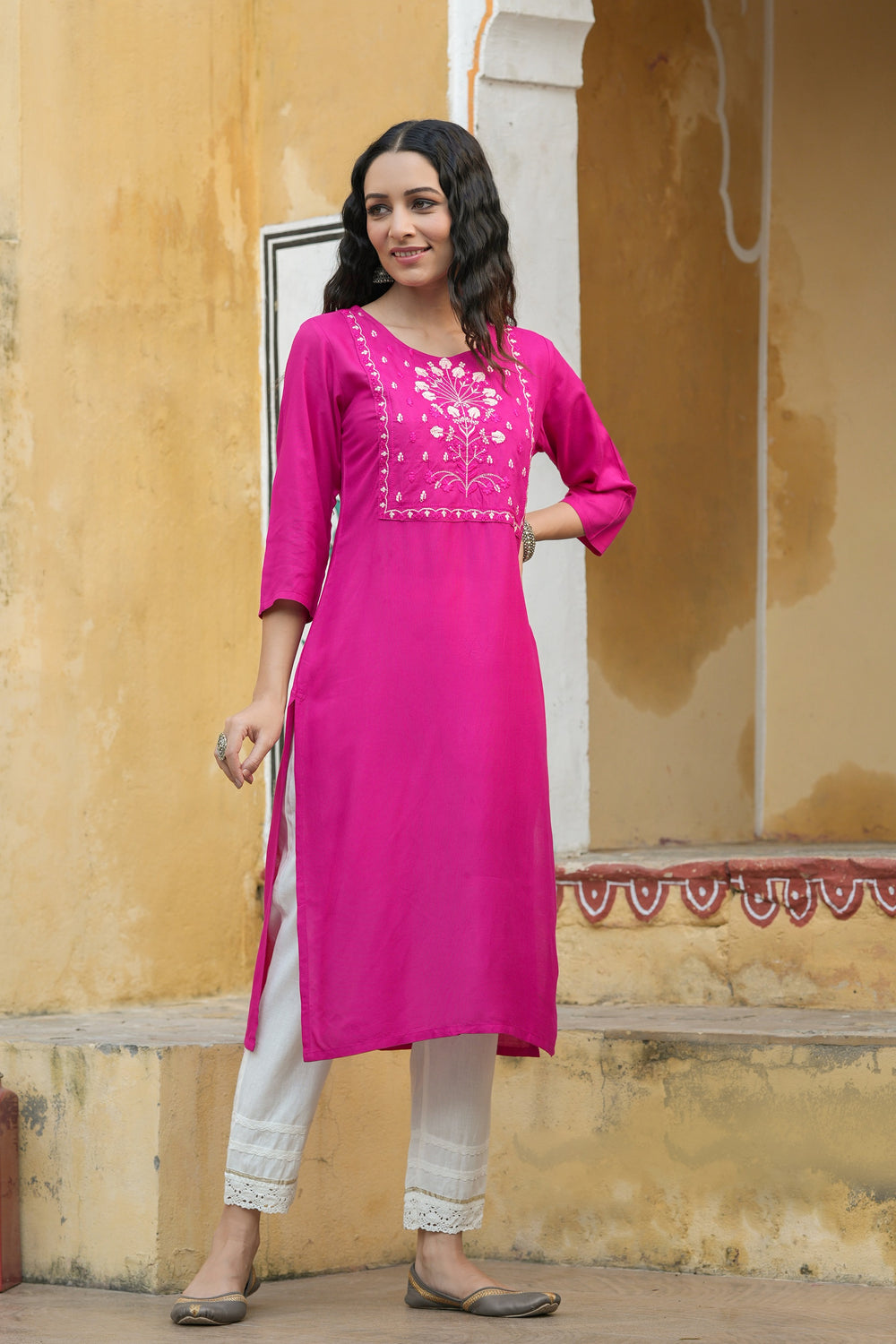 Juniper Fuchsia Rayon Festive Wear Embroidered Straight Kurta - Distacart