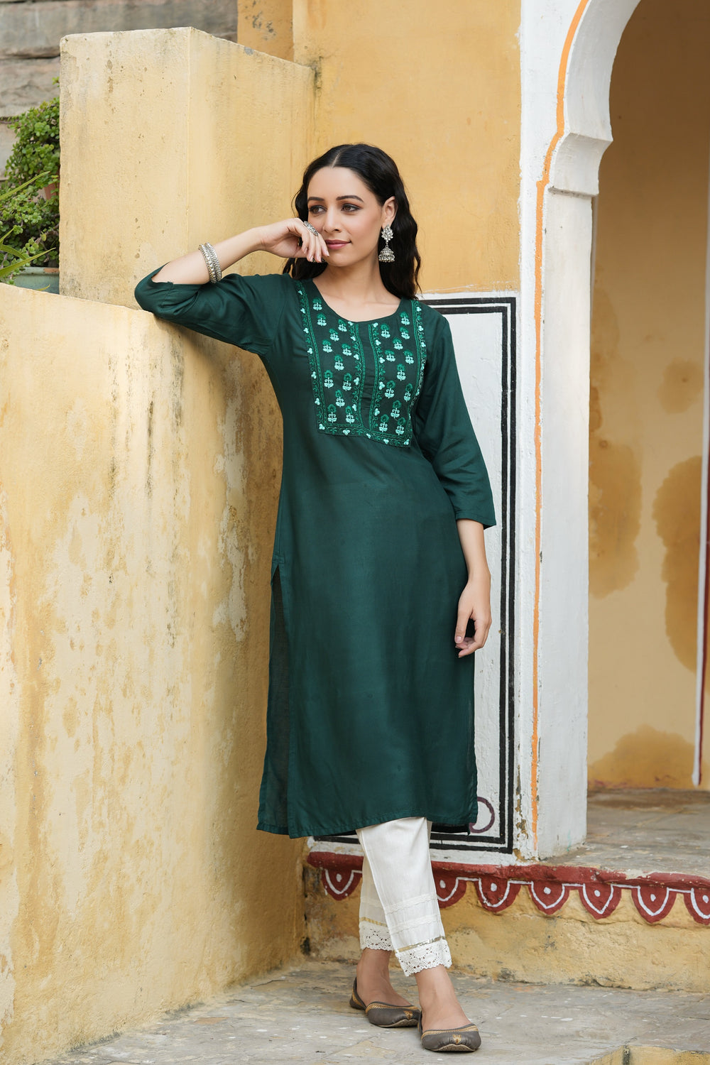 Juniper Green Rayon Festive Wear Embroidered Straight Kurta - Distacart