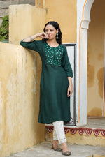 Thumbnail for Juniper Green Rayon Festive Wear Embroidered Straight Kurta - Distacart