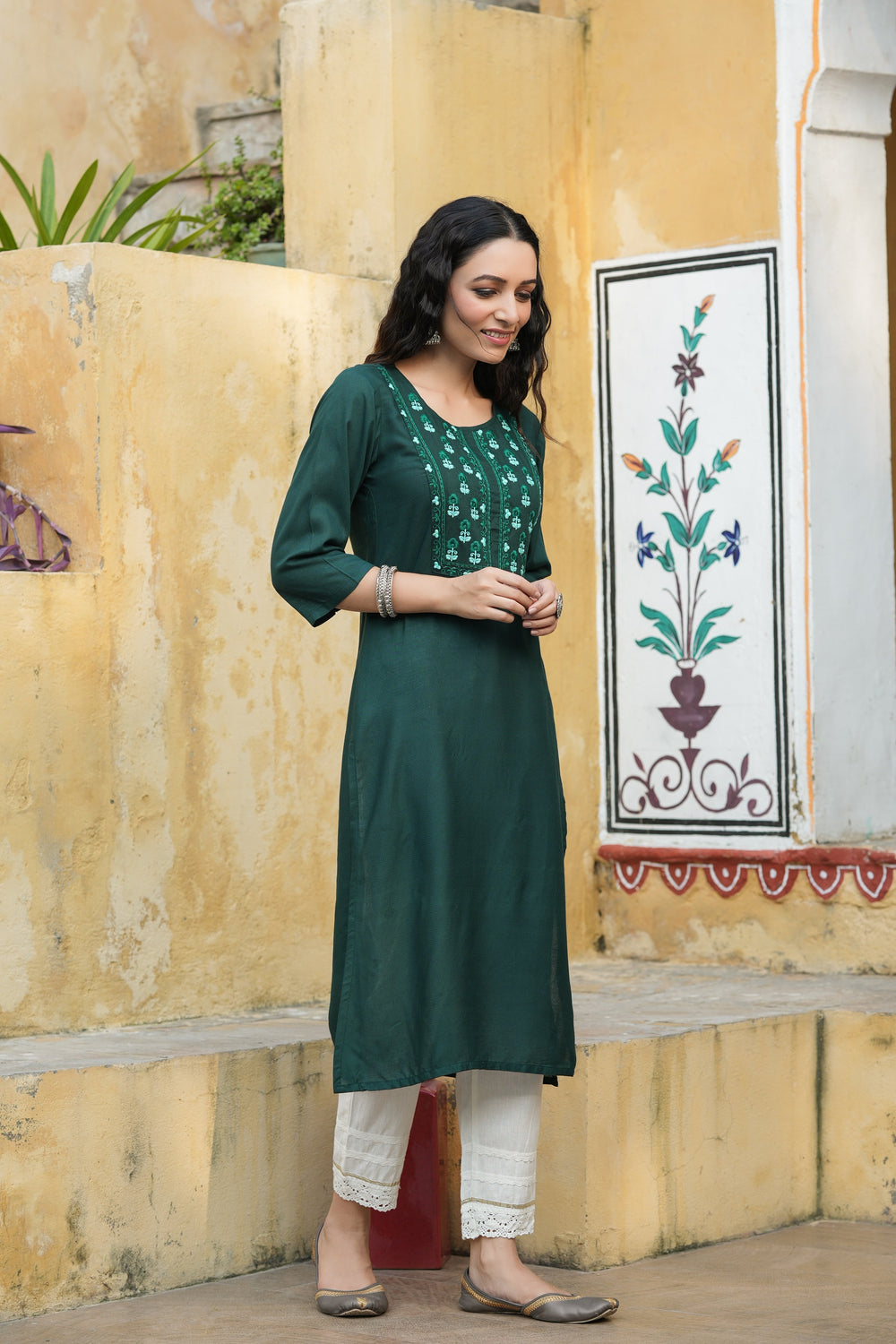 Juniper Green Rayon Festive Wear Embroidered Straight Kurta - Distacart