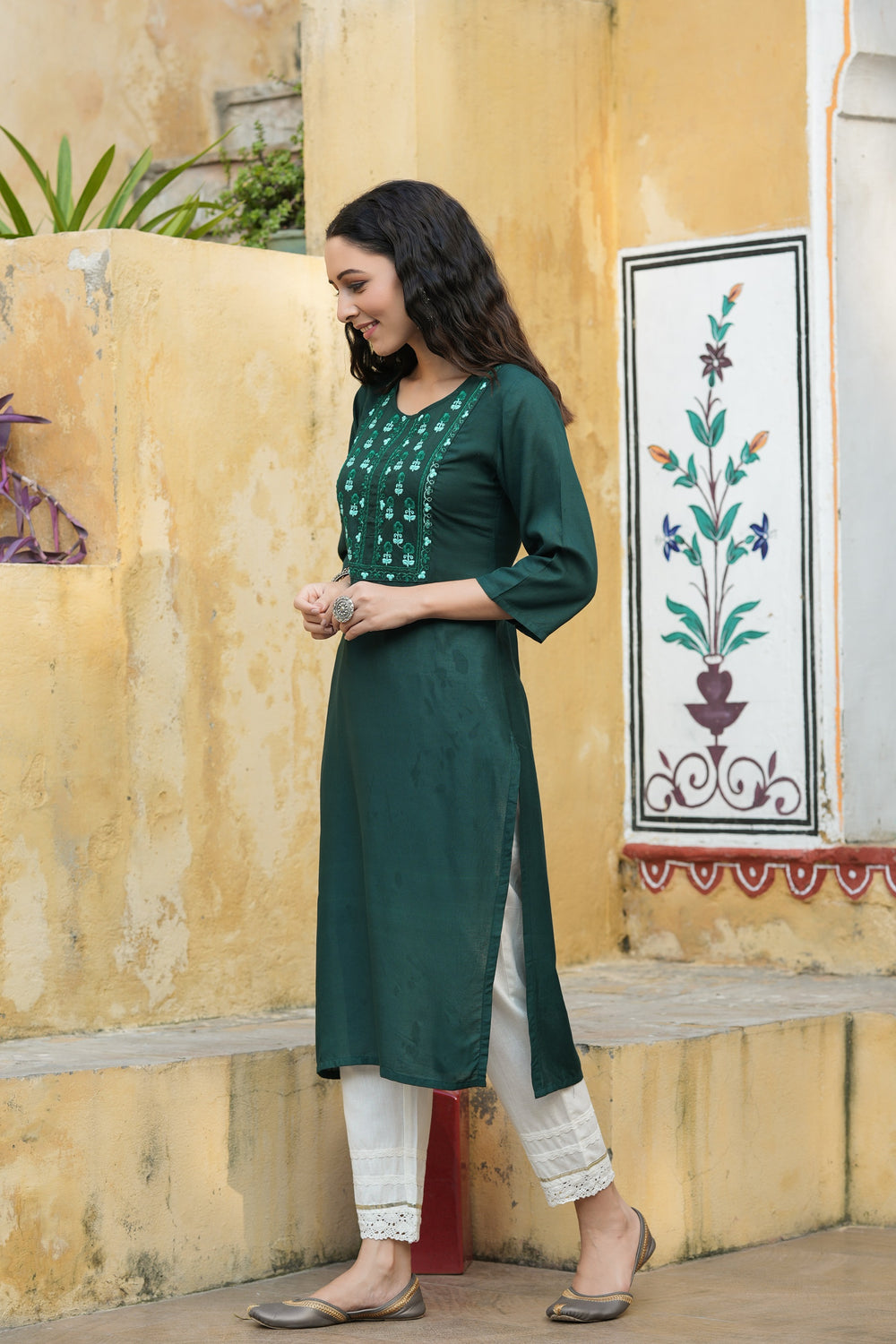 Juniper Green Rayon Festive Wear Embroidered Straight Kurta - Distacart