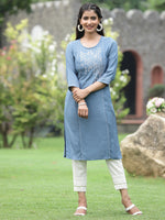 Thumbnail for Juniper Women Grey Rayon Festive Wear Embroidered Straight Kurta - Distacart
