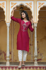 Thumbnail for Juniper Maroon Rayon Festive Wear Embroidered Straight Kurta - Distacart