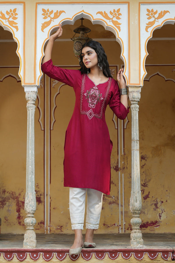 Juniper Maroon Rayon Festive Wear Embroidered Straight Kurta - Distacart