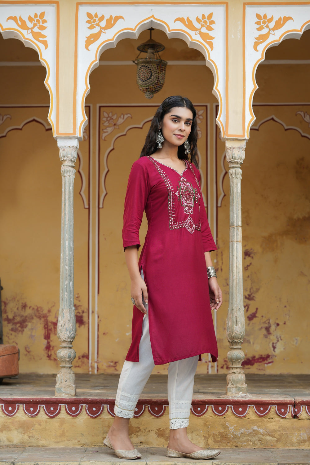 Juniper Maroon Rayon Festive Wear Embroidered Straight Kurta - Distacart