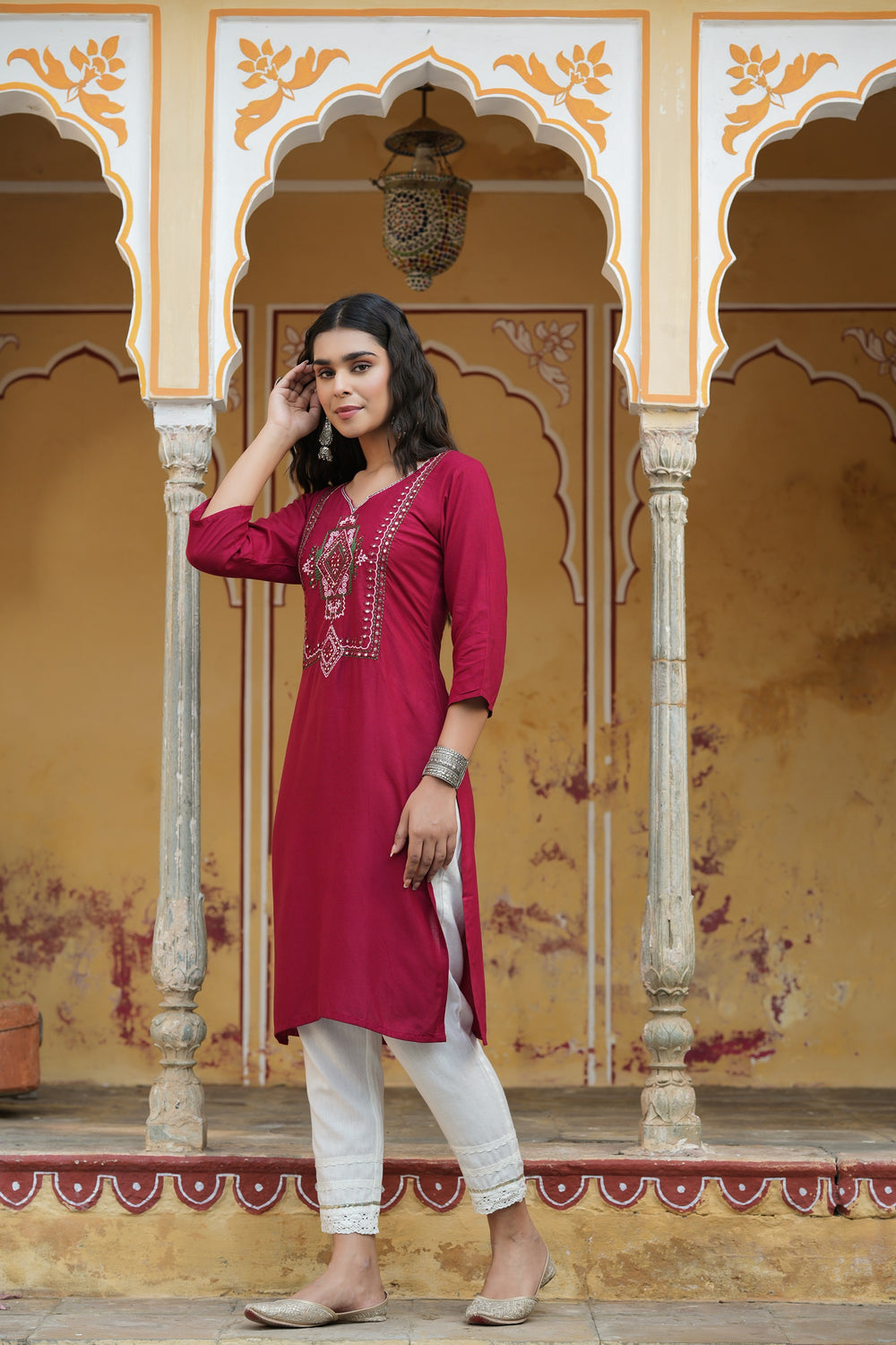Juniper Maroon Rayon Festive Wear Embroidered Straight Kurta - Distacart
