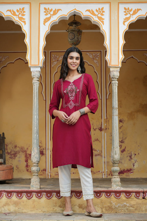 Juniper Maroon Rayon Festive Wear Embroidered Straight Kurta - Distacart