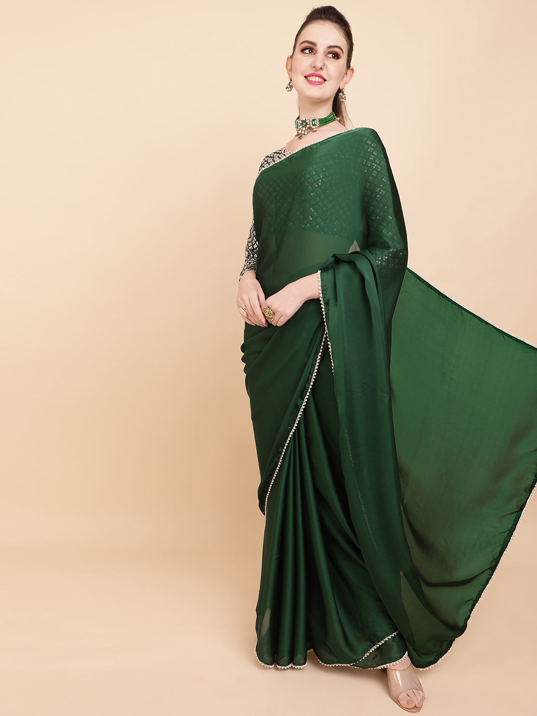 Sangria Green Sequinned Satin Saree - Distacart