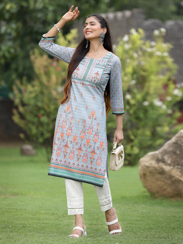 Juniper Women Grey Crepe Casual Wear Digital Printed Straight Kurta - Distacart