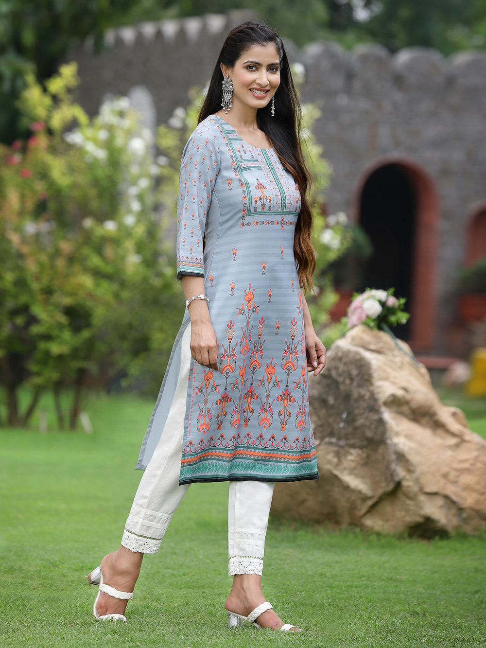 Juniper Women Grey Crepe Casual Wear Digital Printed Straight Kurta - Distacart