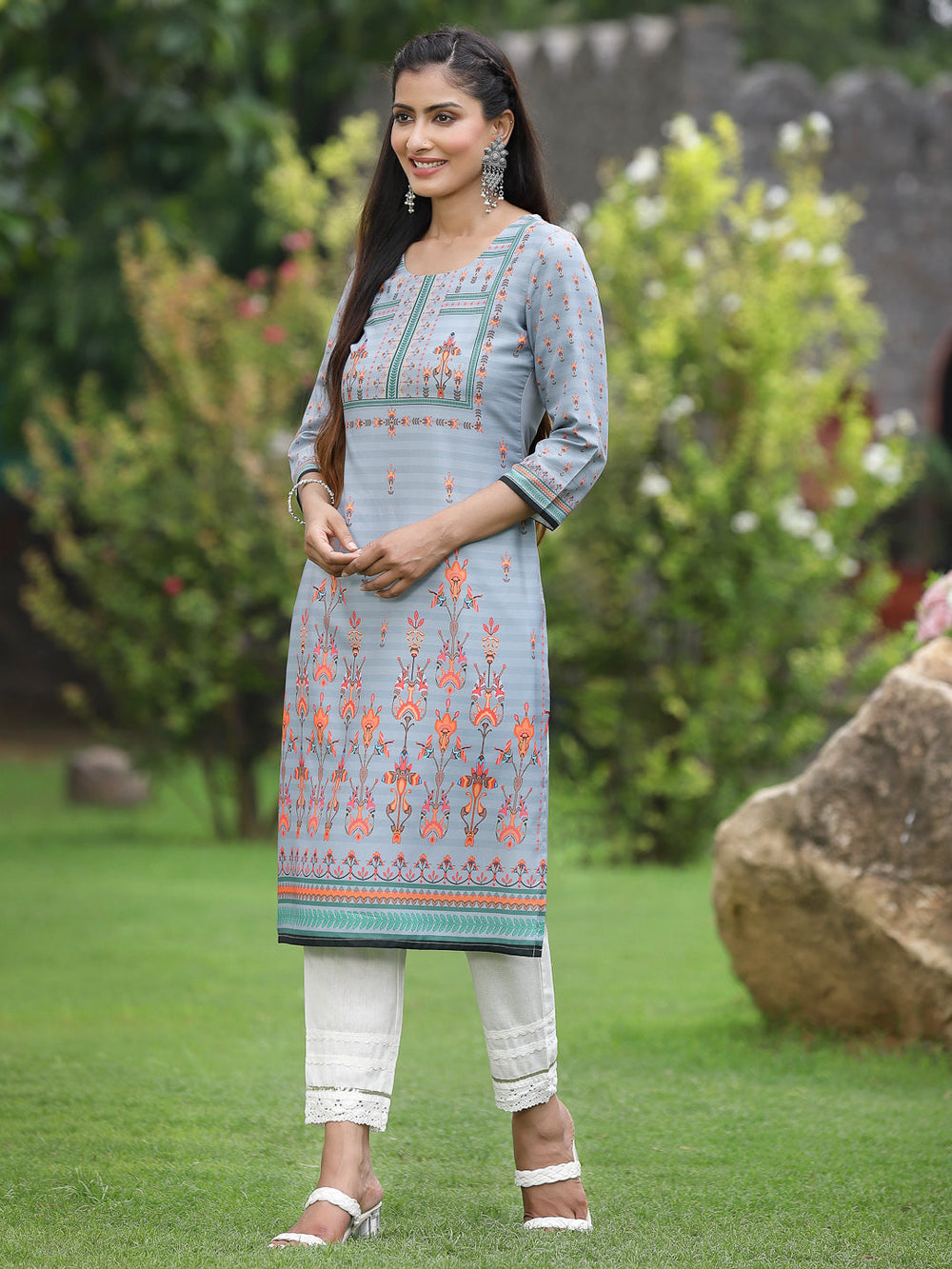 Juniper Women Grey Crepe Casual Wear Digital Printed Straight Kurta - Distacart