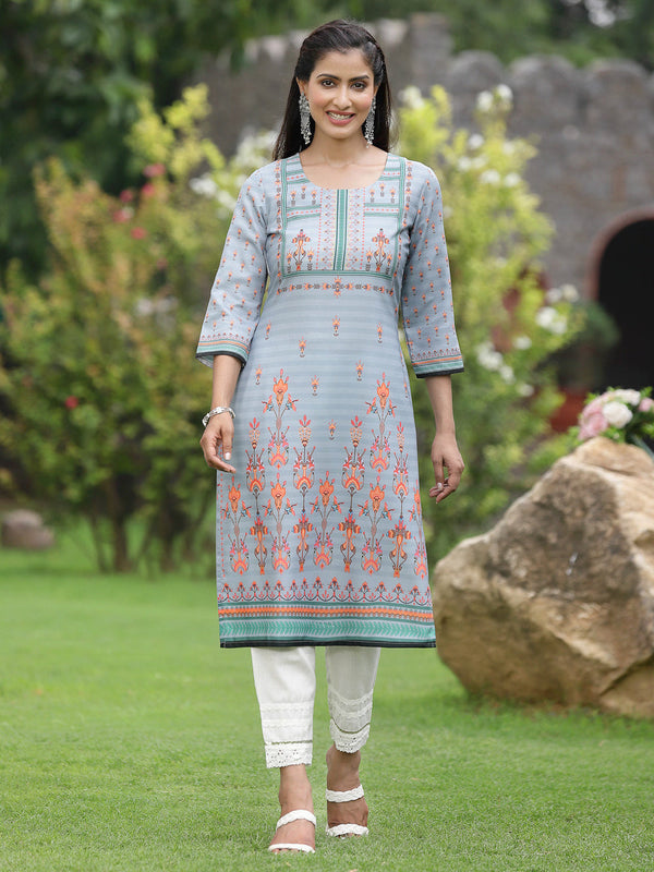 Juniper Women Grey Crepe Casual Wear Digital Printed Straight Kurta - Distacart