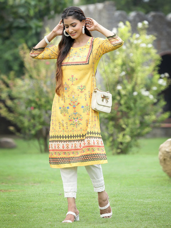 Juniper Women Yellow Crepe Casual Wear Digital Printed Straight Kurta - Distacart