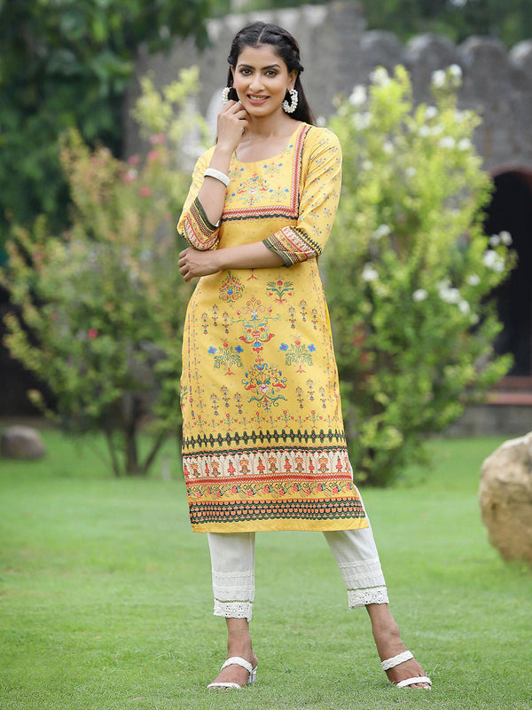 Juniper Women Yellow Crepe Casual Wear Digital Printed Straight Kurta - Distacart