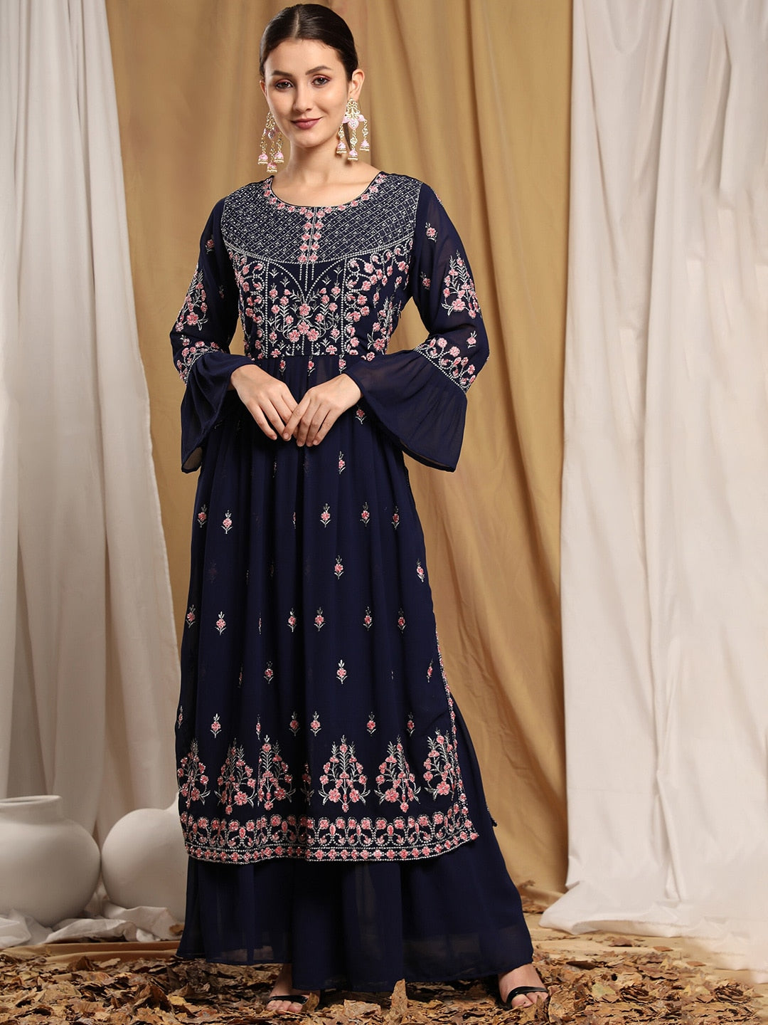 Kalini Women Navy Blue Floral Embroidered Thread Work Kurta with Sharara - Distacart