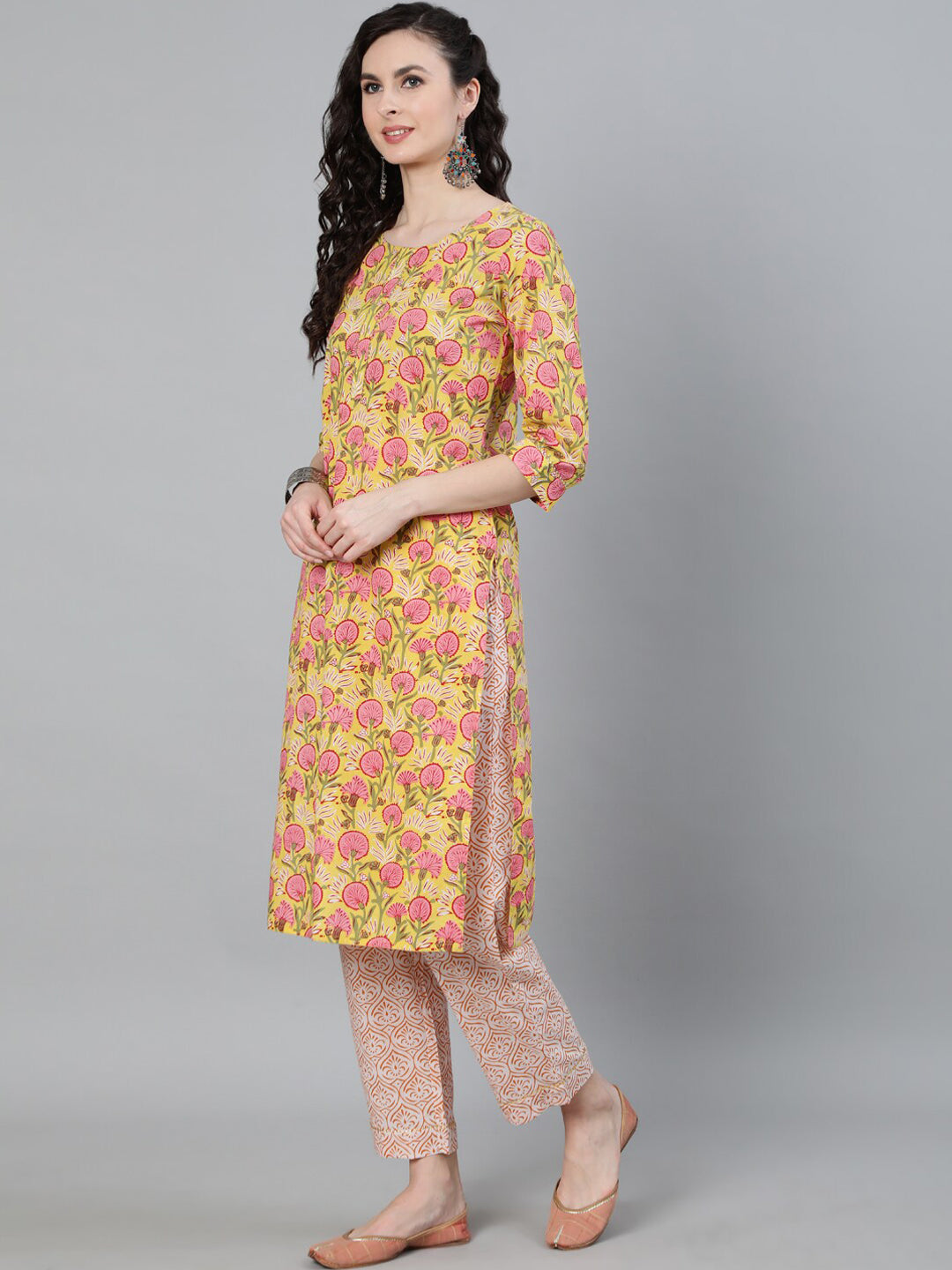 Jaipur Kurti Women Yellow Ethnic Motifs Printed Regular Pure Cotton Kurta with Trousers & With Dupatta - Distacart