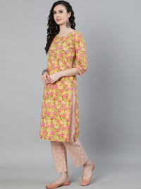Thumbnail for Jaipur Kurti Women Yellow Ethnic Motifs Printed Regular Pure Cotton Kurta with Trousers & With Dupatta - Distacart