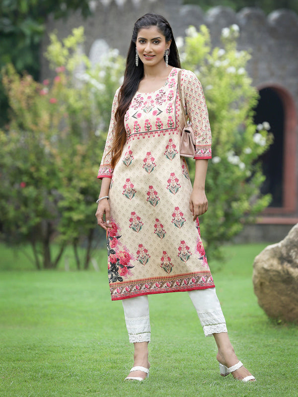 Juniper Women Beige Crepe Casual Wear Digital Printed Straight Kurta - Distacart