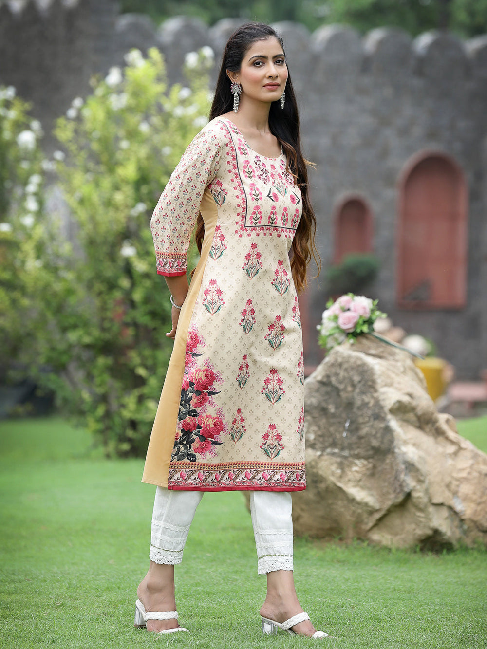 Juniper Women Beige Crepe Casual Wear Digital Printed Straight Kurta - Distacart