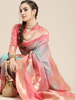 Thumbnail for Saree Mall Pink & Blue Floral Dyed Banarasi Saree - Distacart