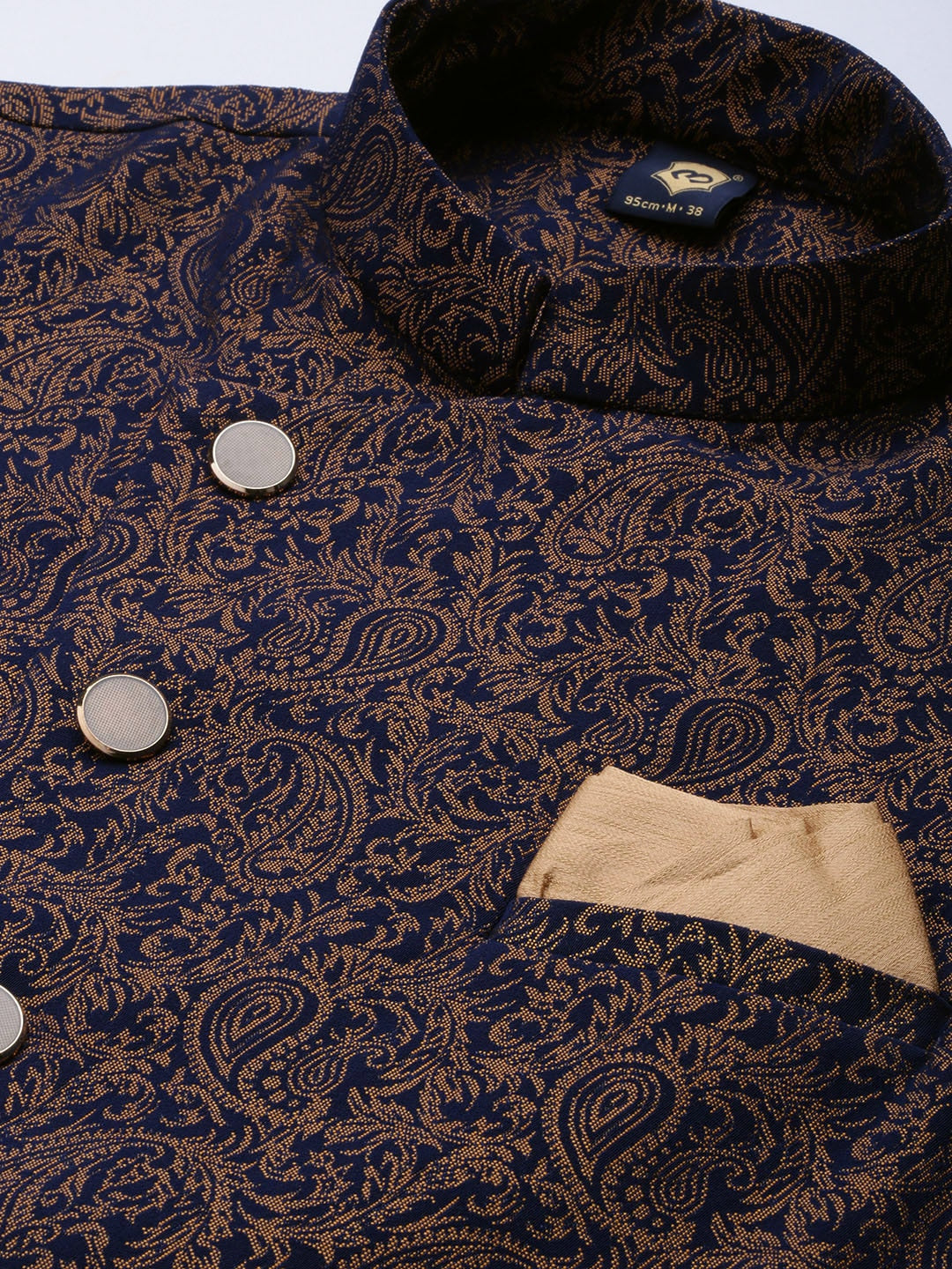 Manyavar Men Navy Blue Solid Pleated Kurta with Pyjamas Printed Nehru Jacket - Distacart
