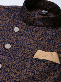 Thumbnail for Manyavar Men Navy Blue Solid Pleated Kurta with Pyjamas Printed Nehru Jacket - Distacart