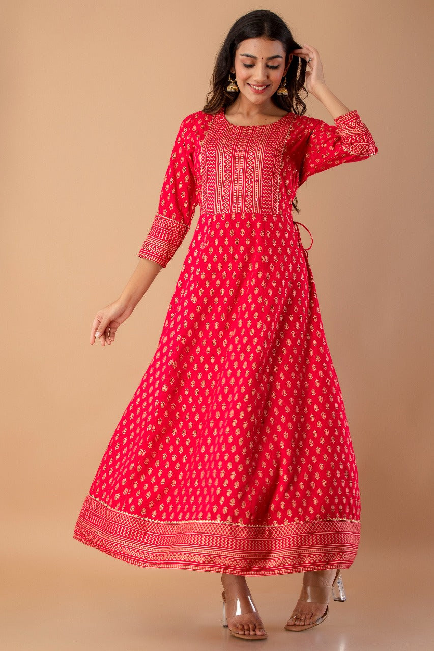 Juniper Fuchsia Rayon Festive Wear Foil Printed A-Line Long Dress - Distacart