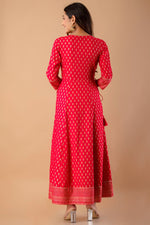 Thumbnail for Juniper Fuchsia Rayon Festive Wear Foil Printed A-Line Long Dress - Distacart