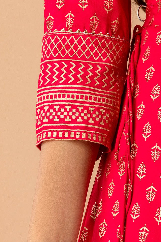 Juniper Fuchsia Rayon Festive Wear Foil Printed A-Line Long Dress - Distacart