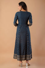 Thumbnail for Juniper Navy Rayon Festive Wear Foil Printed A-Line Long Dress - Distacart