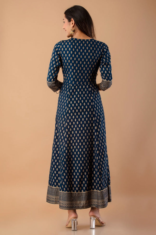Juniper Navy Rayon Festive Wear Foil Printed A-Line Long Dress - Distacart