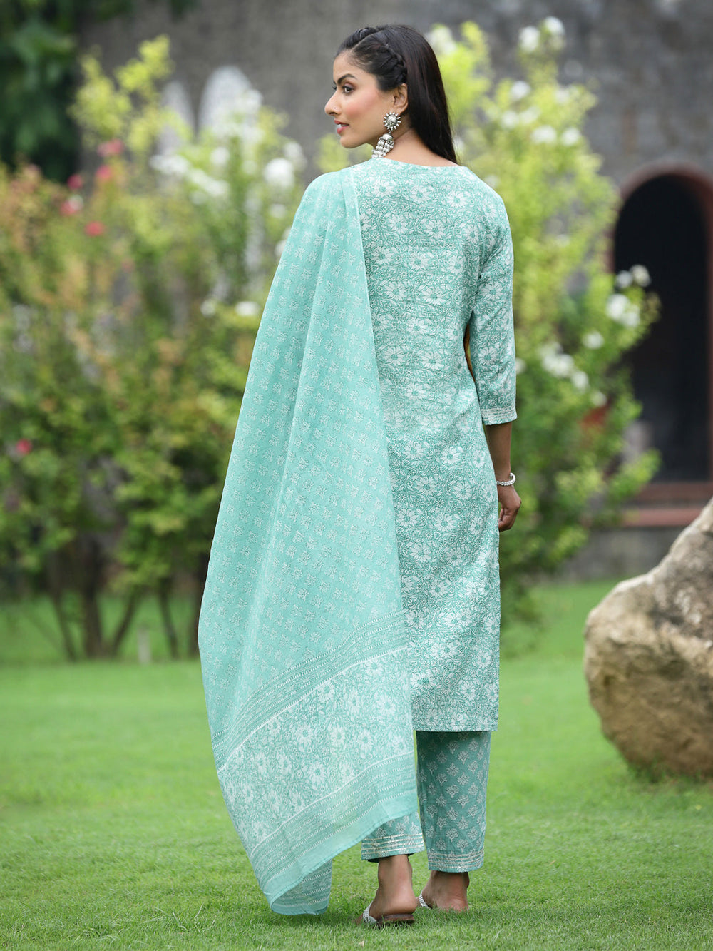 Juniper Women's Sagegreen Cotton Cambric Festive Printed Kurta Set - Distacart