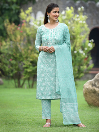 Juniper Women's Sagegreen Cotton Cambric Festive Printed Kurta Set - Distacart