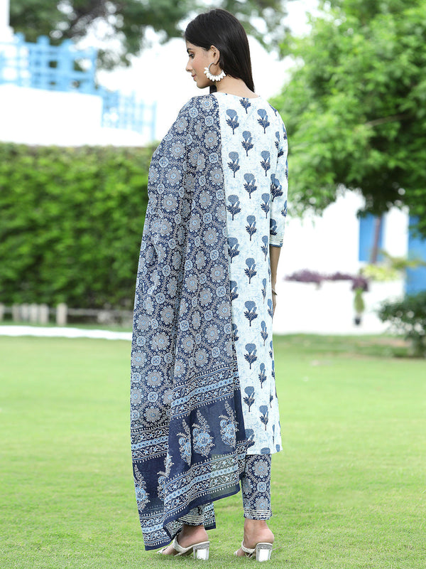 Juniper Women's Blue Cotton Cambric Festive Printed Kurta Set - Distacart