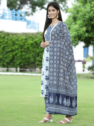 Juniper Women's Blue Cotton Cambric Festive Printed Kurta Set - Distacart
