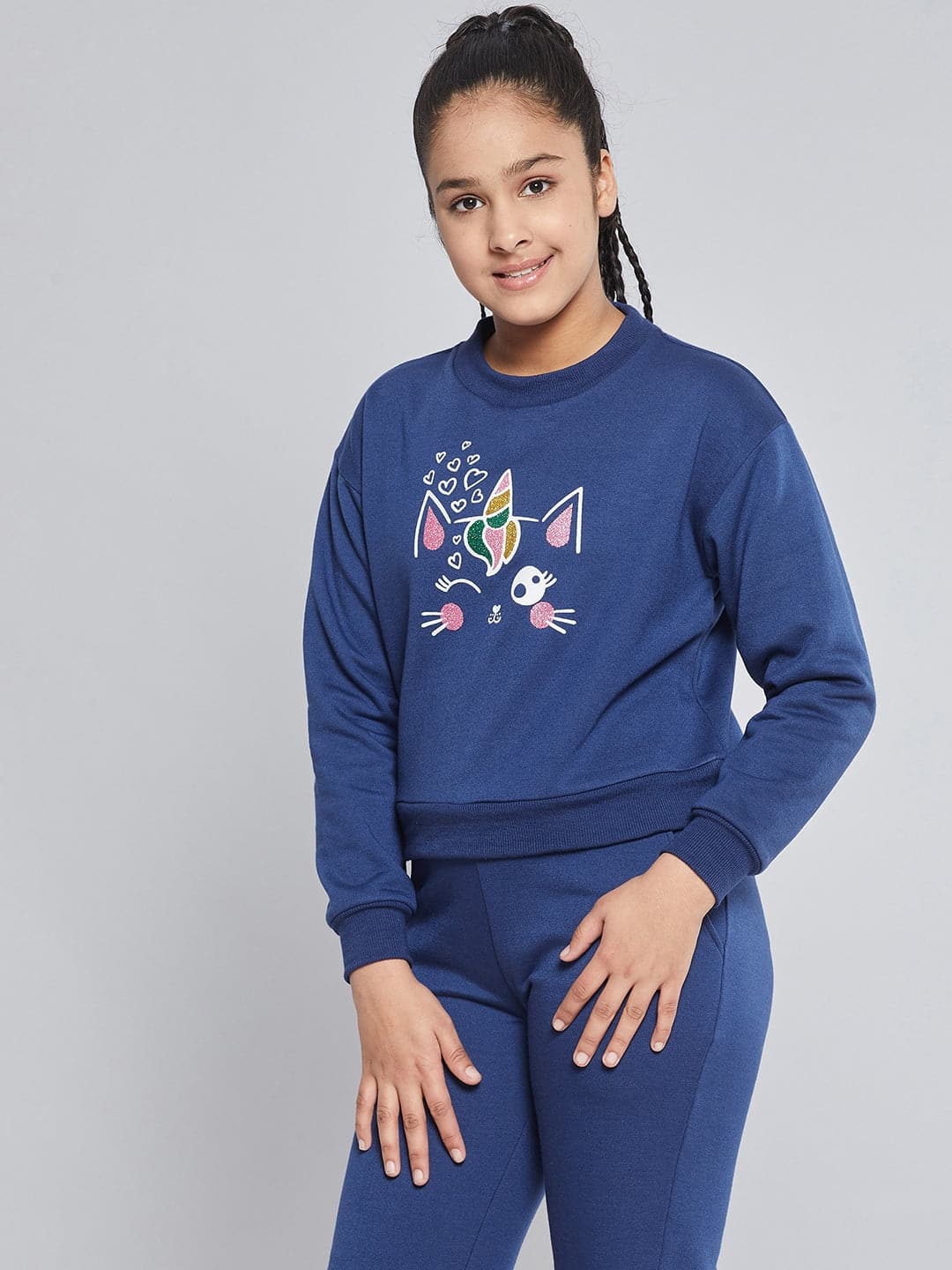 Lyush Blue Fleece Glitter Print Sweatshirt For Girls - Distacart