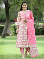 Thumbnail for Juniper Women's PInk Cotton Cambric Festive Printed Kurta Set - Distacart