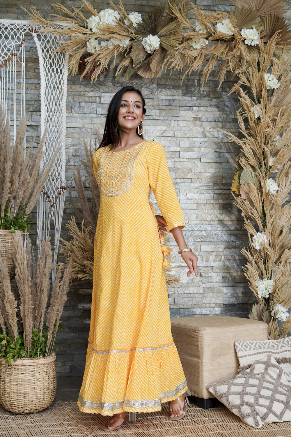 Juniper Women's Yellow Printed Flared Cotton Cambric Dress - Distacart