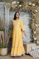 Thumbnail for Juniper Women's Yellow Printed Flared Cotton Cambric Dress - Distacart