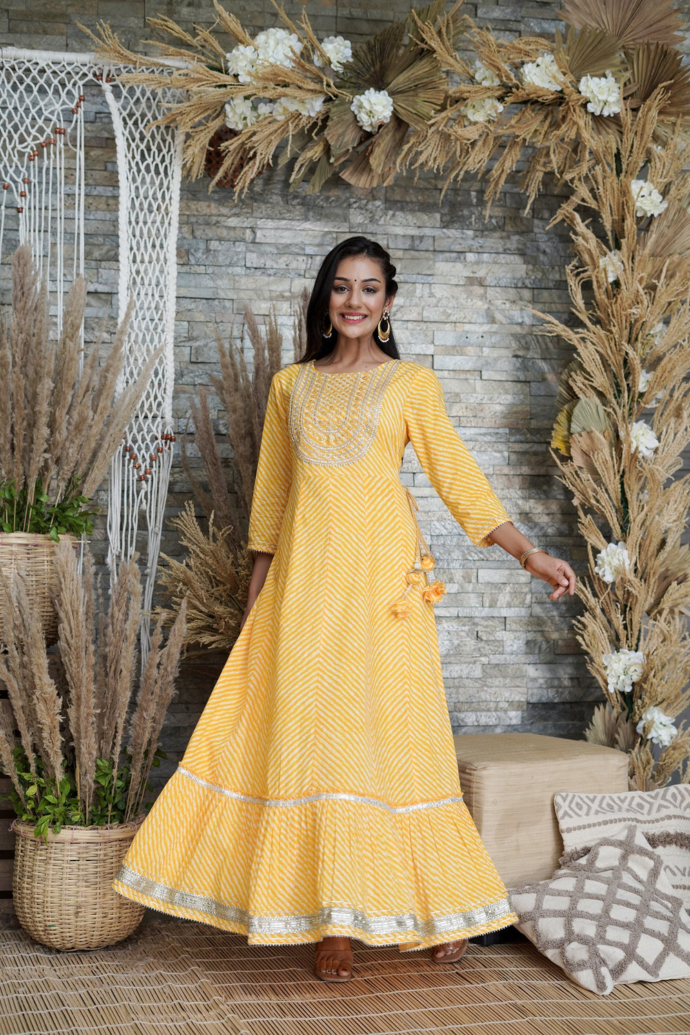 Juniper Women's Yellow Printed Flared Cotton Cambric Dress - Distacart