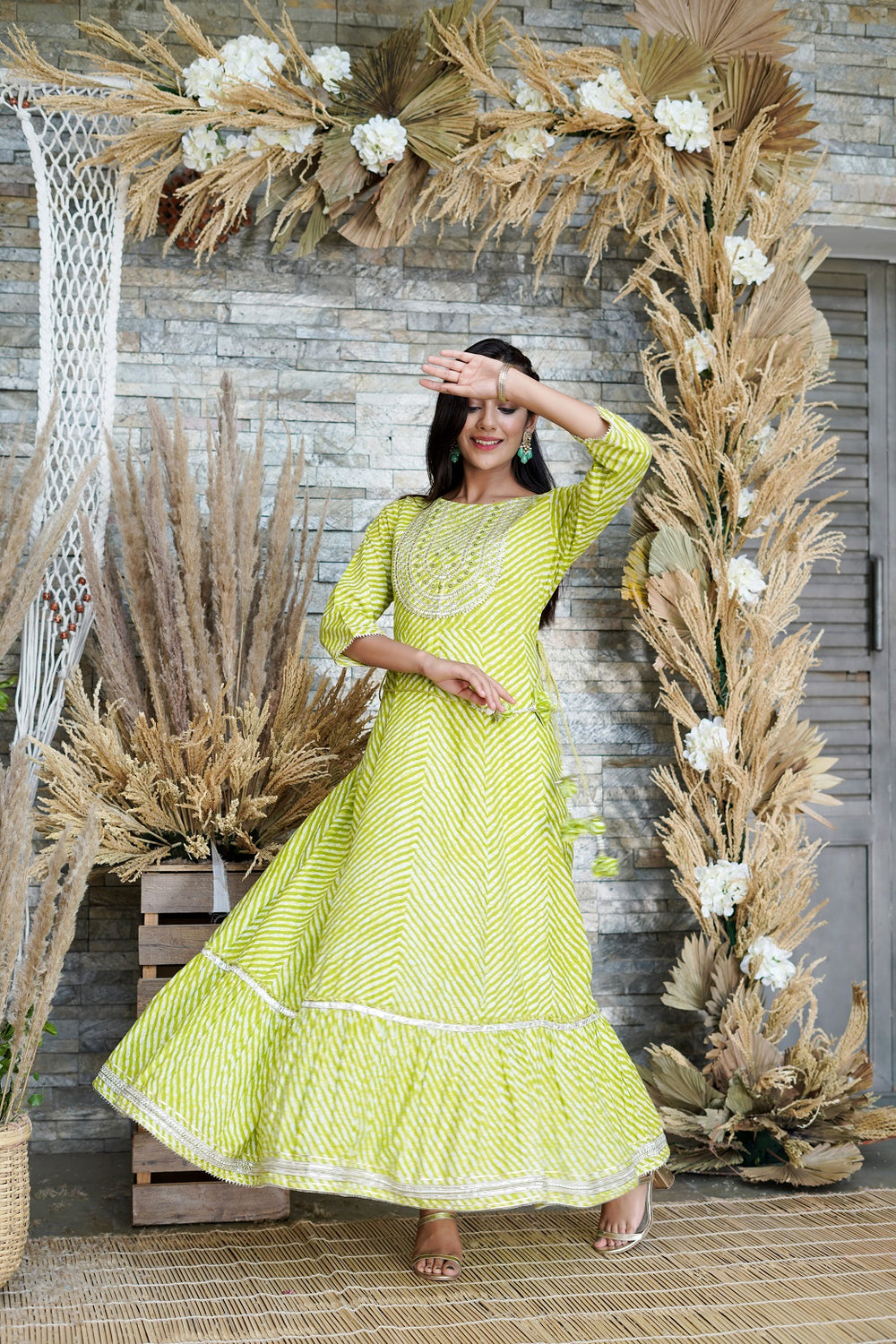 Juniper Women's Green Printed Flared Cotton Cambric Dress - Distacart