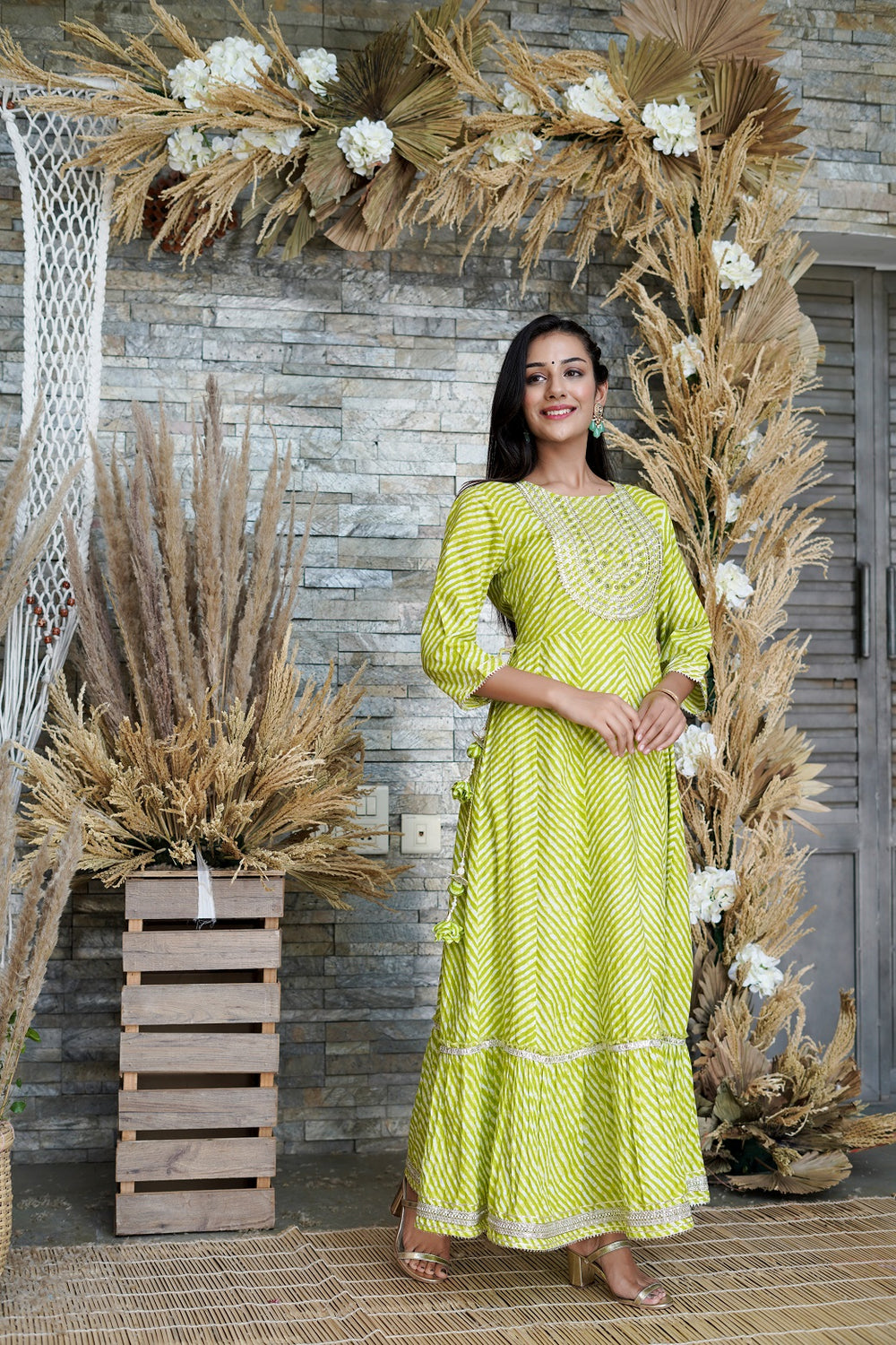 Juniper Women's Green Printed Flared Cotton Cambric Dress - Distacart