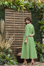 Thumbnail for Juniper Women's Cotton Cambric Green Printed Flared Festive Long Dress - Distacart