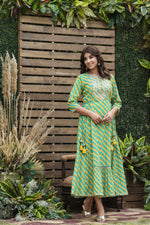 Thumbnail for Juniper Women's Cotton Cambric Green Printed Flared Festive Long Dress - Distacart