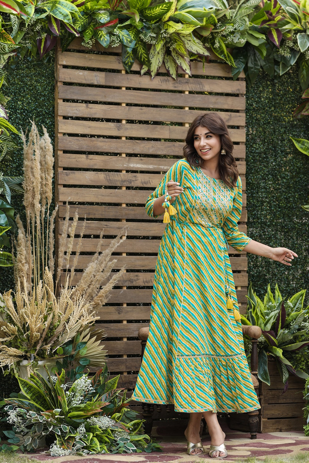 Juniper Women's Cotton Cambric Green Printed Flared Festive Long Dress - Distacart